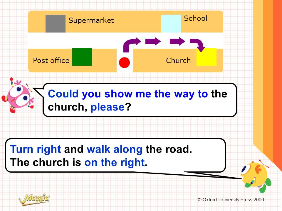 © Oxford University Press 2006 School Supermarket Post officeChurch Could you show me the way to the church, please.