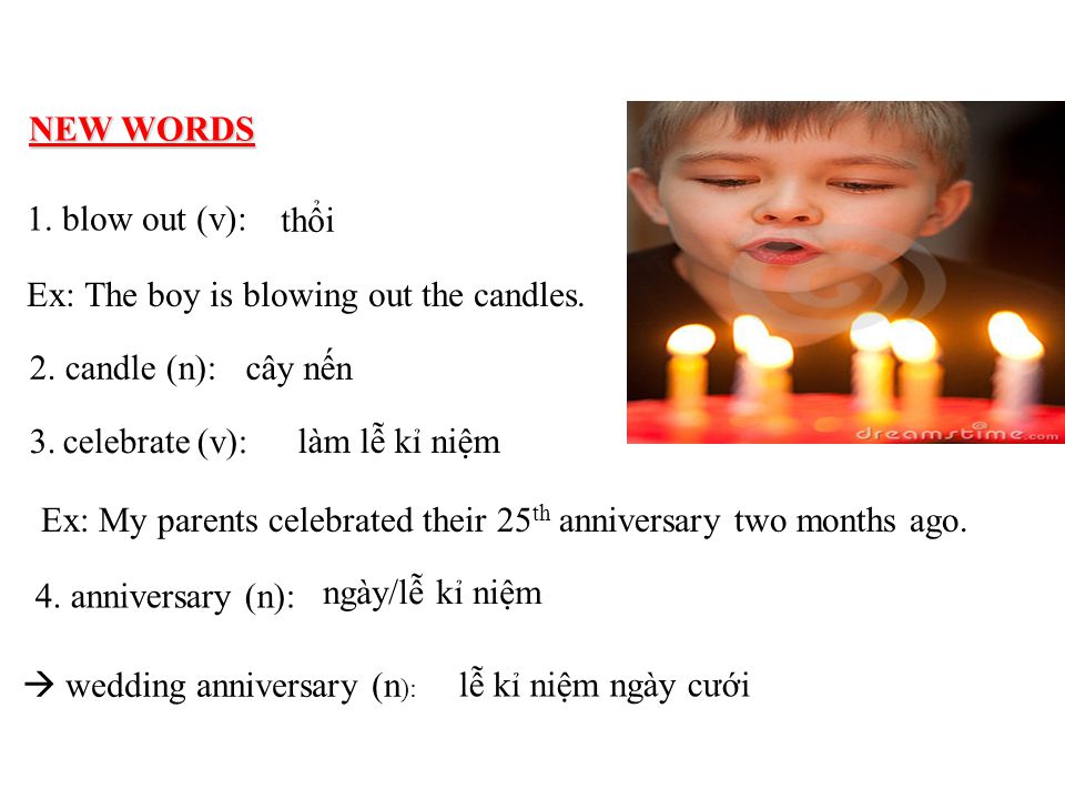 NEW WORDS 1. blow out (v): Ex: The boy is blowing out the candles.