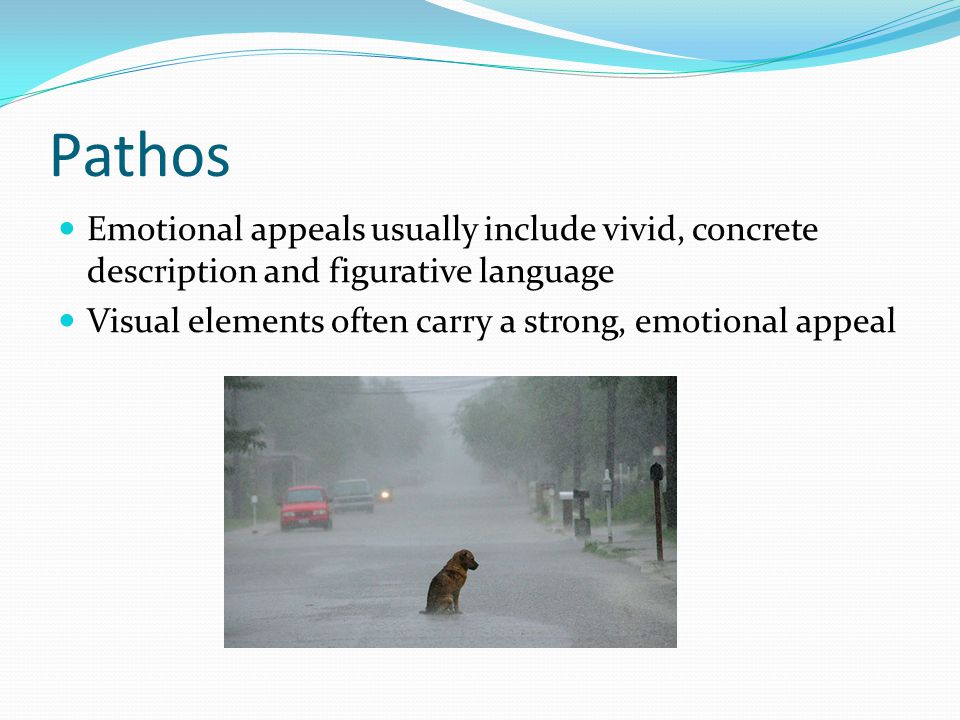 Pathos Emotional appeals usually include vivid, concrete description and figurative language Visual elements often carry a strong, emotional appeal