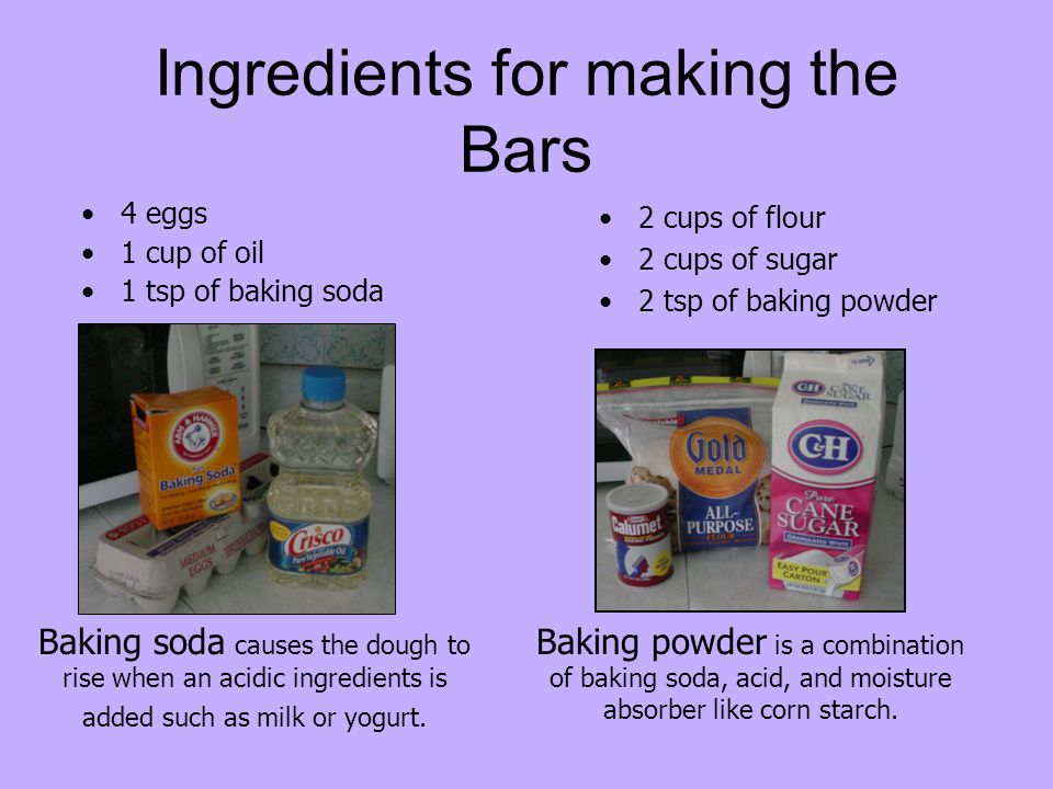 Ingredients for making the Bars 4 eggs 1 cup of oil 1 tsp of baking soda 2 cups of flour 2 cups of sugar 2 tsp of baking powder Baking soda causes the dough to rise when an acidic ingredients is added such as milk or yogurt.