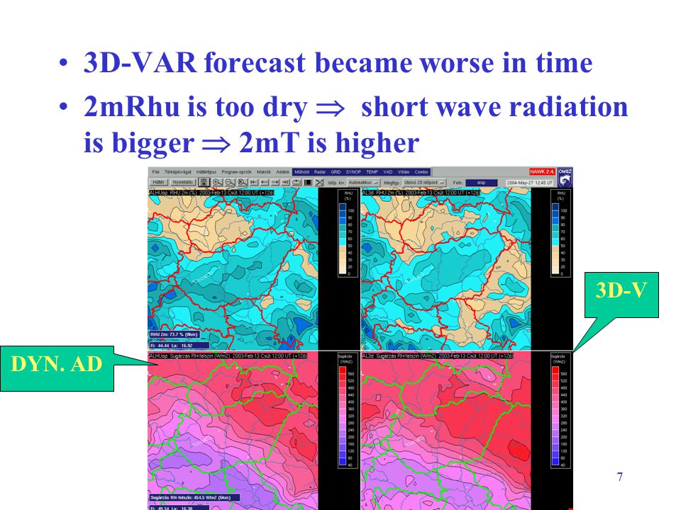 ALADIN Workshop 2004, Innsbruck 7 3D-VAR forecast became worse in time 2mRhu is too dry  short wave radiation is bigger  2mT is higher DYN.