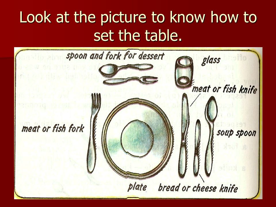 Look at the picture to know how to set the table.