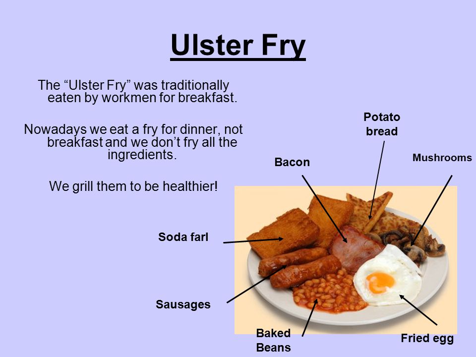 Ulster Fry The Ulster Fry was traditionally eaten by workmen for breakfast.