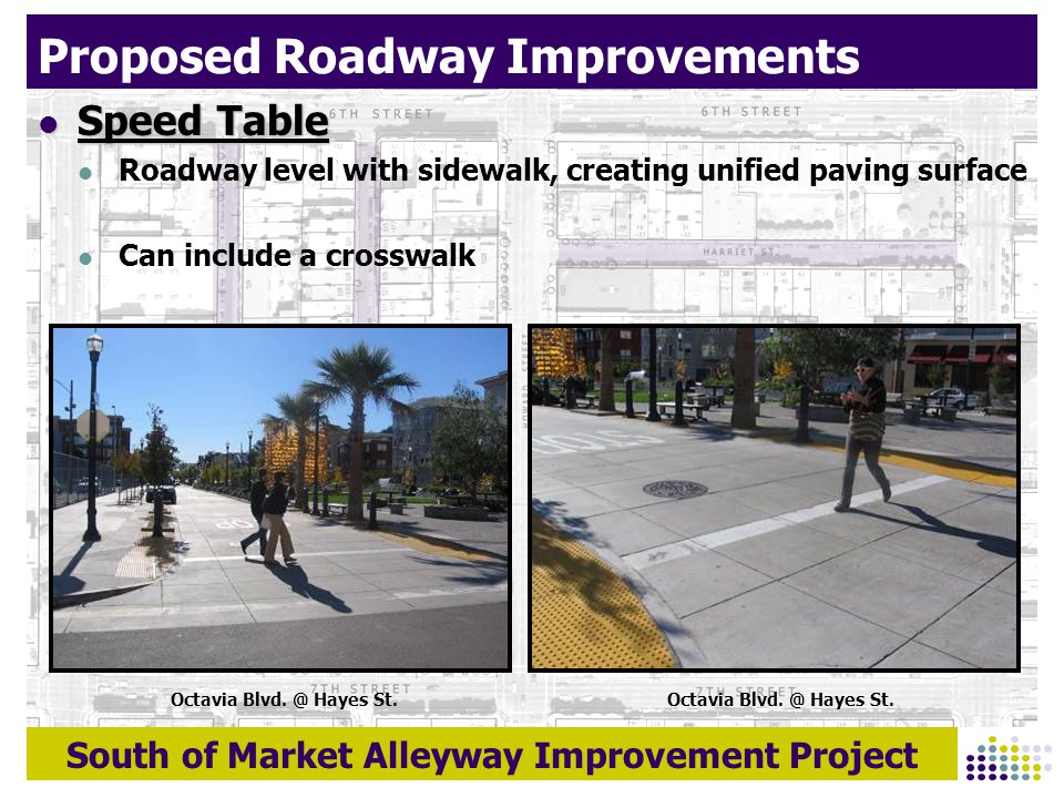 South of Market Alleyway Improvement Project Proposed Roadway Improvements Speed Table Speed Table Roadway level with sidewalk, creating unified paving surface Can include a crosswalk Slows traffic Octavia Blvd.