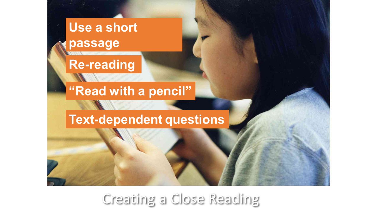 Creating a Close Reading Use a short passage Re-reading Read with a pencil Text-dependent questions