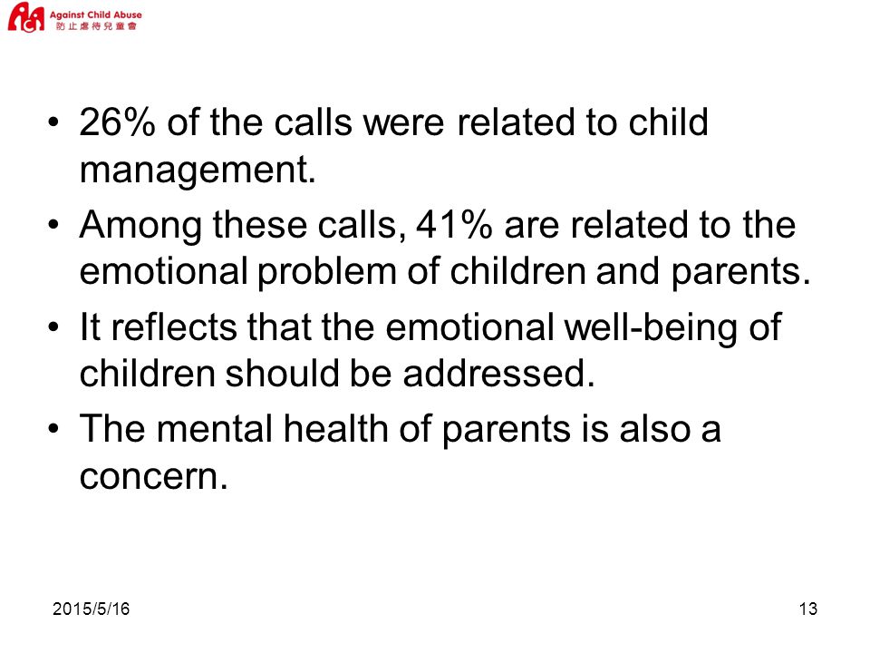 2015/5/ % of the calls were related to child management.