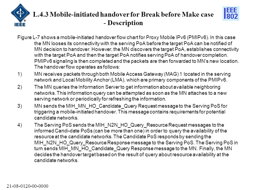 L.4.3 Mobile-initiated handover for Break before Make case - Description Figure L-7 shows a mobile-initiated handover flow chart for Proxy Mobile IPv6 (PMIPv6).