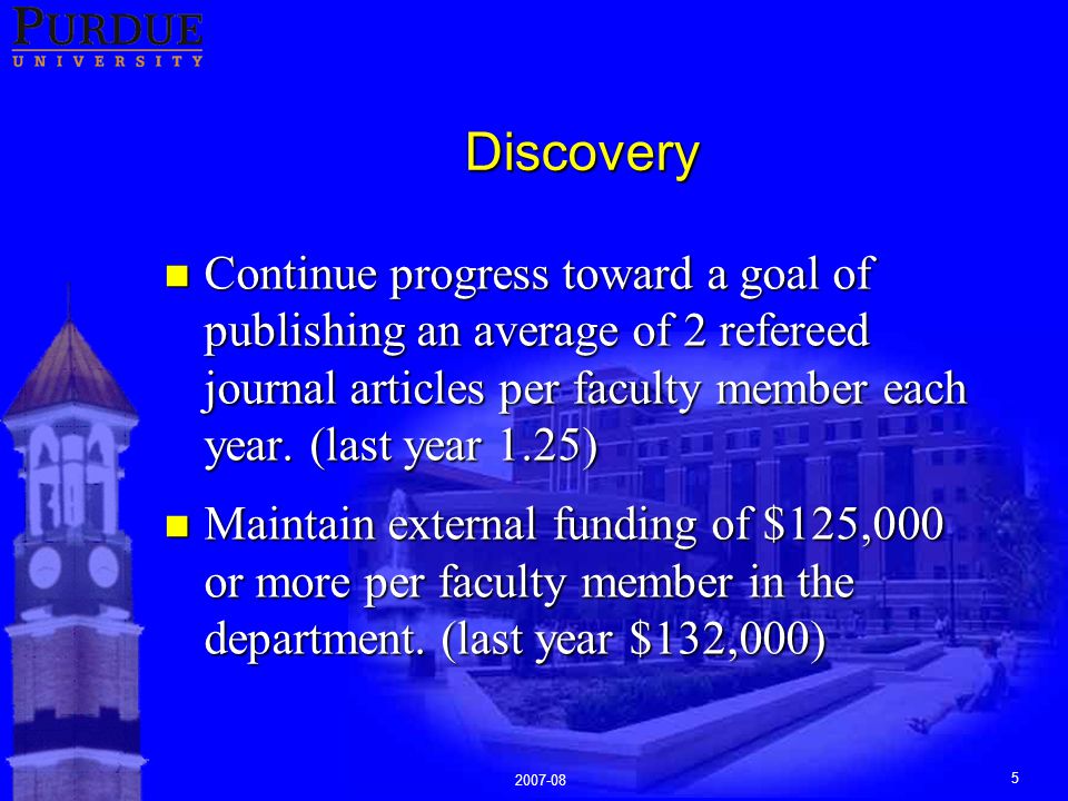 Discovery n Continue progress toward a goal of publishing an average of 2 refereed journal articles per faculty member each year.