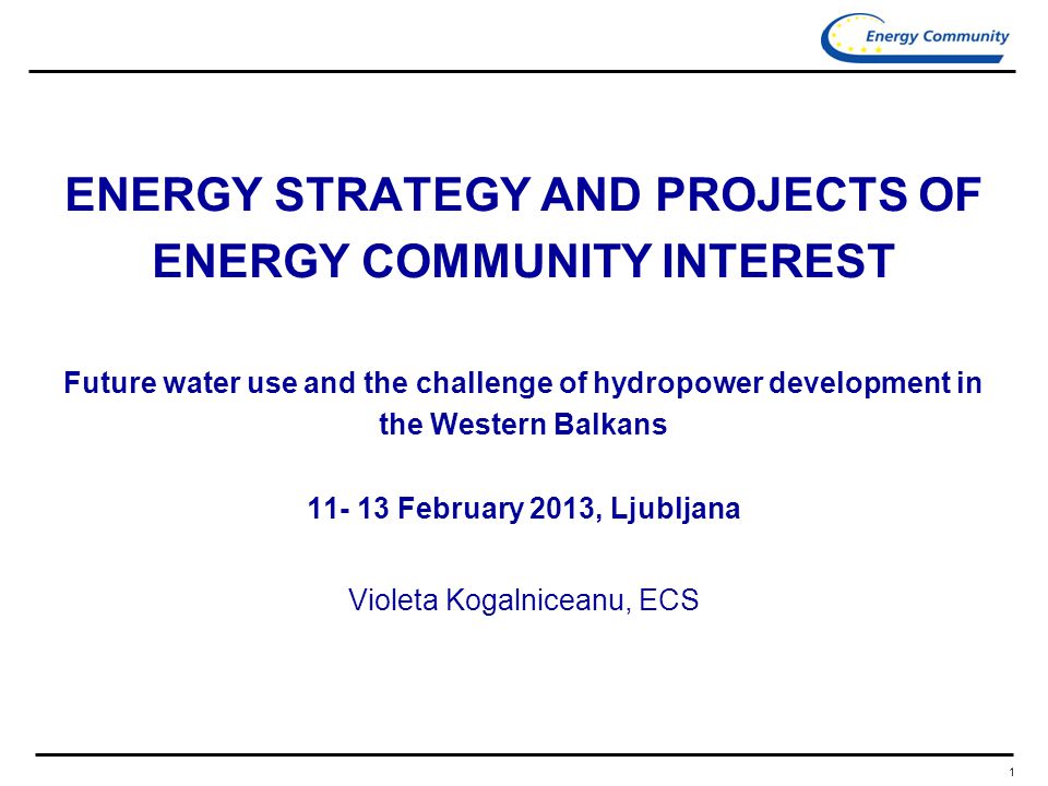 1 ENERGY STRATEGY AND PROJECTS OF ENERGY COMMUNITY INTEREST Future water use and the challenge of hydropower development in the Western Balkans February 2013, Ljubljana Violeta Kogalniceanu, ECS