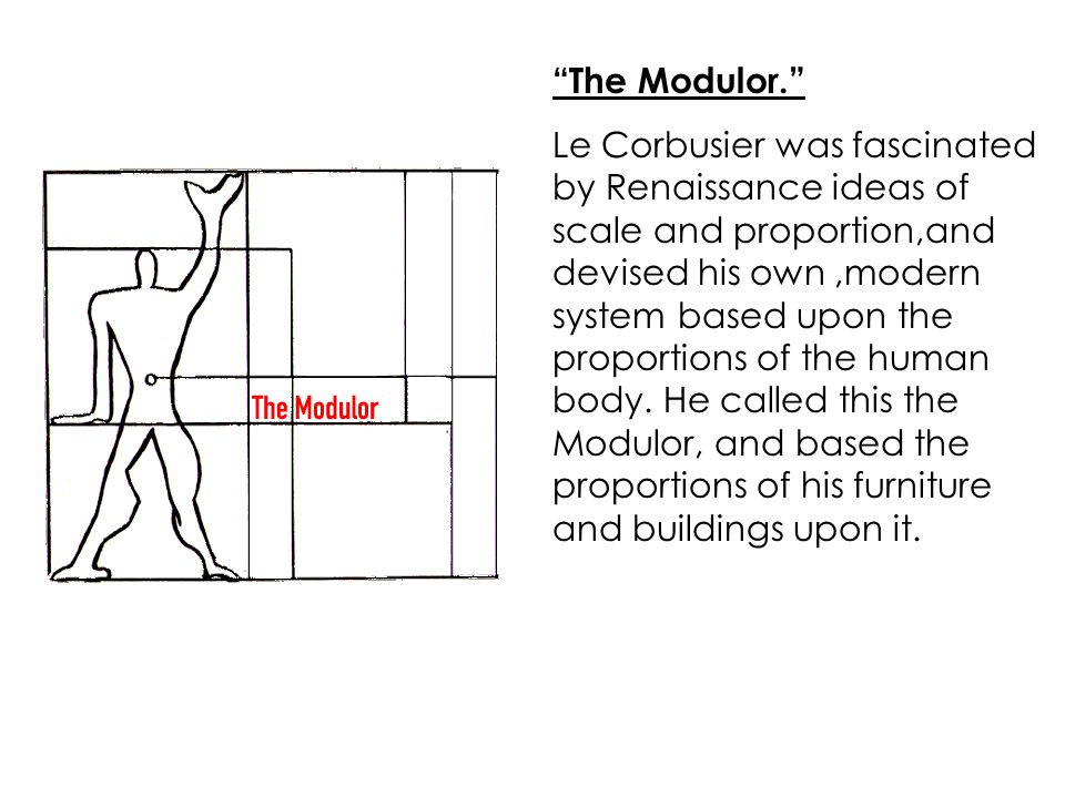 The Modulor. Le Corbusier was fascinated by Renaissance ideas of scale and proportion,and devised his own,modern system based upon the proportions of the human body.