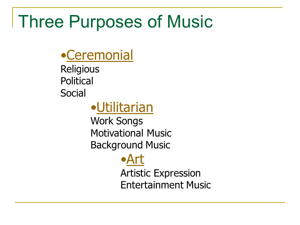 Ceremonial Religious Political Social Utilitarian Work Songs Motivational Music Background Music Art Artistic Expression Entertainment Music Three Purposes of Music