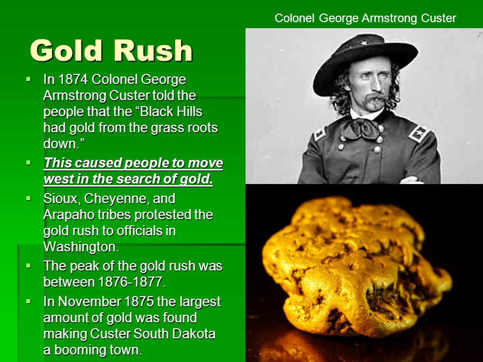 Gold Rush  In 1874 Colonel George Armstrong Custer told the people that the Black Hills had gold from the grass roots down.  This caused people to move west in the search of gold.