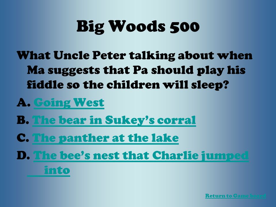 Big Woods 500 What Uncle Peter talking about when Ma suggests that Pa should play his fiddle so the children will sleep.