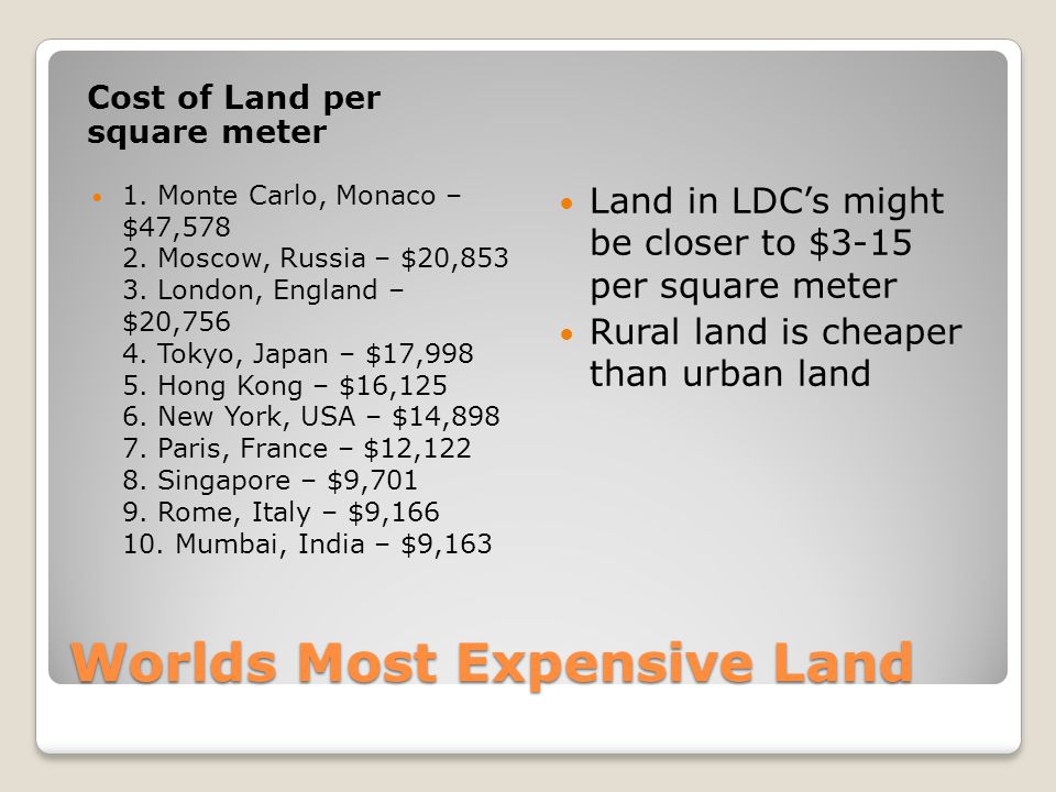Worlds Most Expensive Land Cost of Land per square meter 1.
