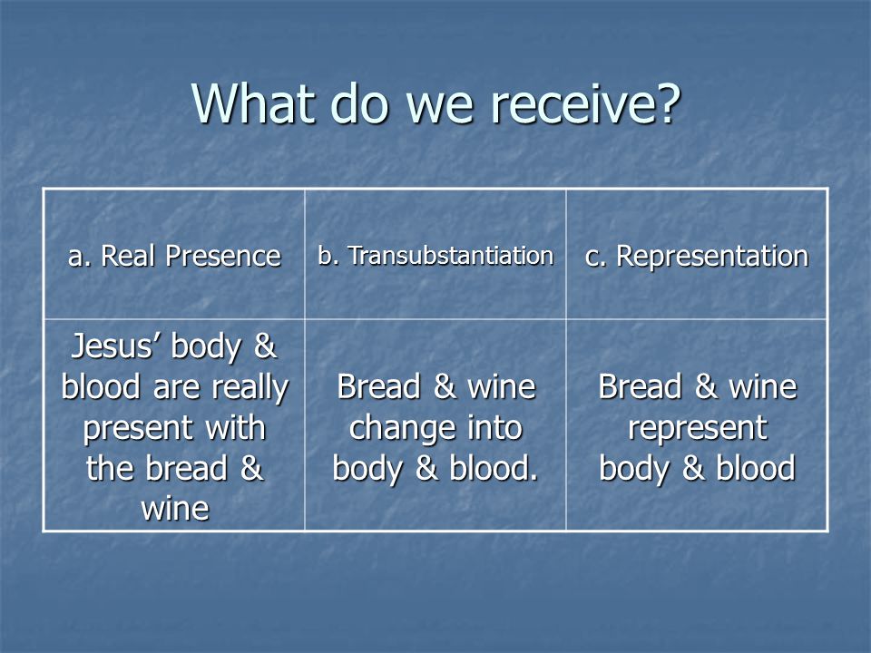 What do we receive. a. Real Presence b. Transubstantiation c.