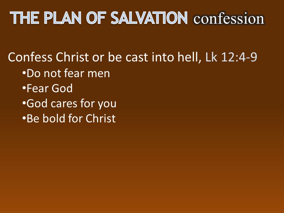 Confess Christ or be cast into hell, Lk 12:4-9 Do not fear men Fear God God cares for you Be bold for Christ
