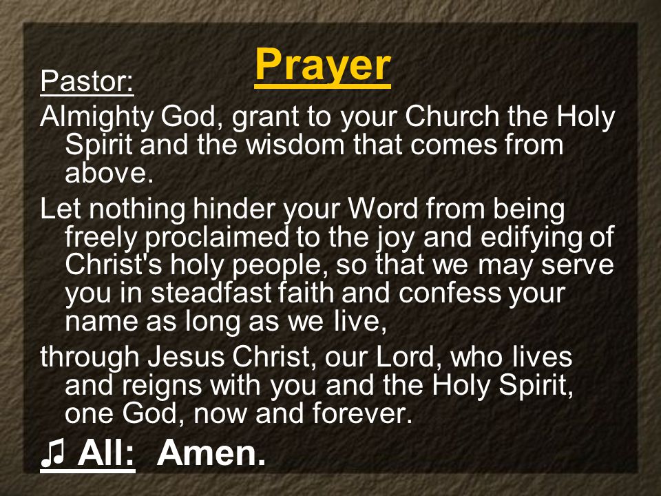 Pastor: Almighty God, grant to your Church the Holy Spirit and the wisdom that comes from above.