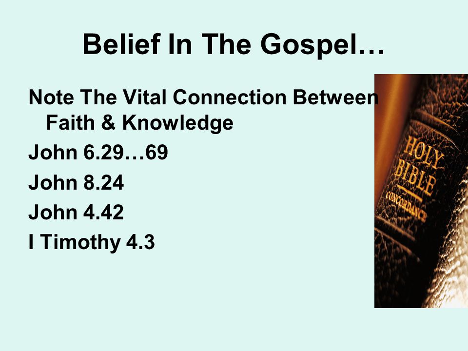 Belief In The Gospel… Note The Vital Connection Between Faith & Knowledge John 6.29…69 John 8.24 John 4.42 I Timothy 4.3