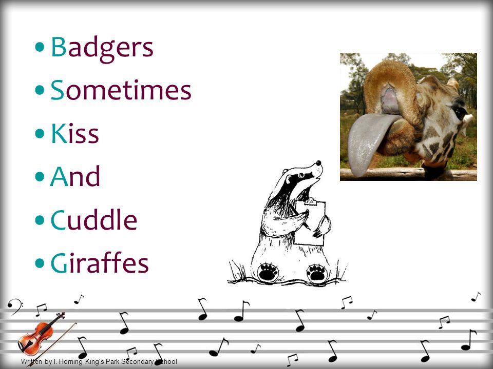Written by I. Horning King s Park Secondary School Badgers Sometimes Kiss And Cuddle Giraffes