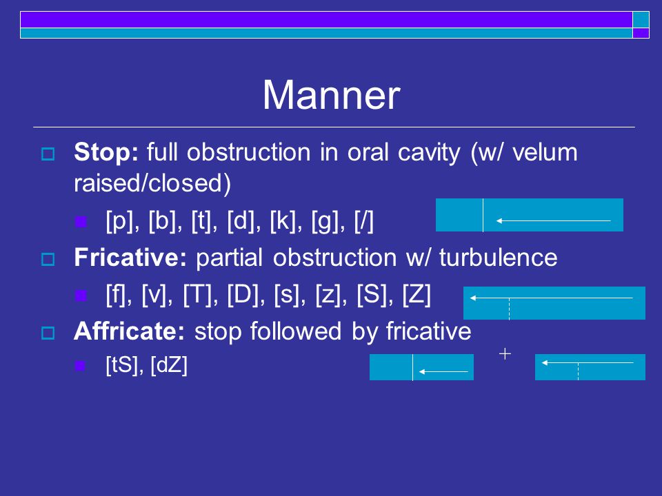 Manner  Stop: full obstruction in oral cavity (w/ velum raised/closed) [p], [b], [t], [d], [k], [g], [/]  Fricative: partial obstruction w/ turbulence [f], [v], [T], [D], [s], [z], [S], [Z]  Affricate: stop followed by fricative [tS], [dZ] +