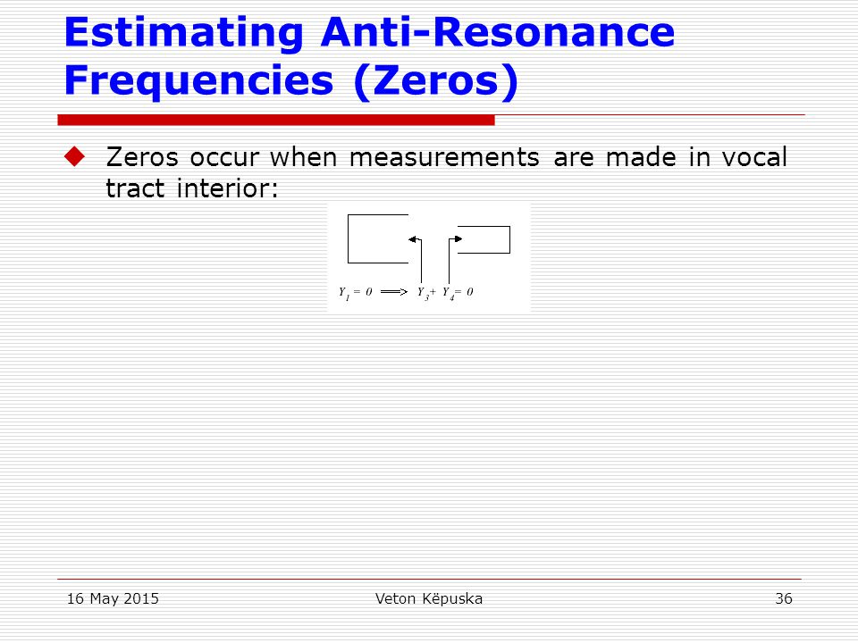 16 May 2015Veton Këpuska36 Estimating Anti-Resonance Frequencies (Zeros)  Zeros occur when measurements are made in vocal tract interior: