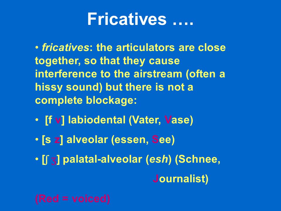 fricatives: the articulators are close together, so that they cause interference to the airstream (often a hissy sound) but there is not a complete blockage: [f v] labiodental (Vater, Vase) [s z] alveolar (essen, See) [ ʃ ʒ ] palatal-alveolar (esh) (Schnee, Journalist) (Red = voiced) Fricatives ….
