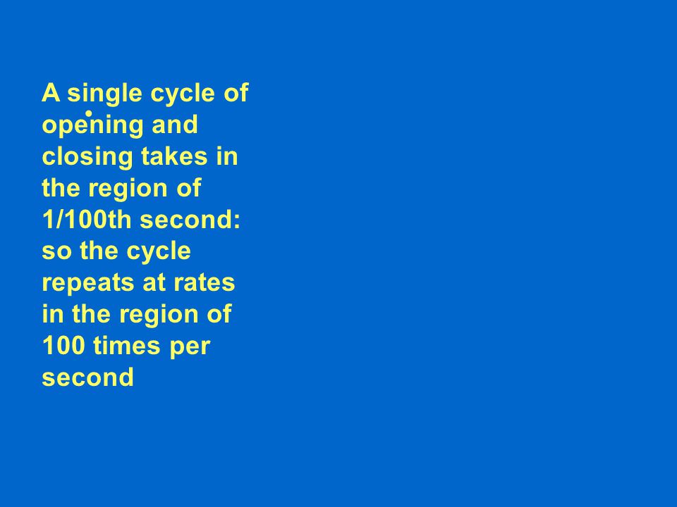 A single cycle of opening and closing takes in the region of 1/100th second: so the cycle repeats at rates in the region of 100 times per second