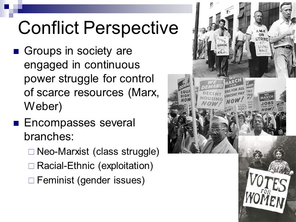Conflict Perspective Groups in society are engaged in continuous power struggle for control of scarce resources (Marx, Weber) Encompasses several branches:  Neo-Marxist (class struggle)  Racial-Ethnic (exploitation)  Feminist (gender issues)