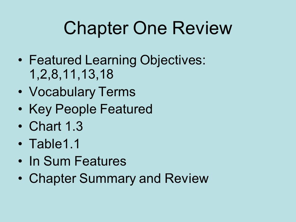 Chapter One Review Featured Learning Objectives: 1,2,8,11,13,18 Vocabulary Terms Key People Featured Chart 1.3 Table1.1 In Sum Features Chapter Summary and Review