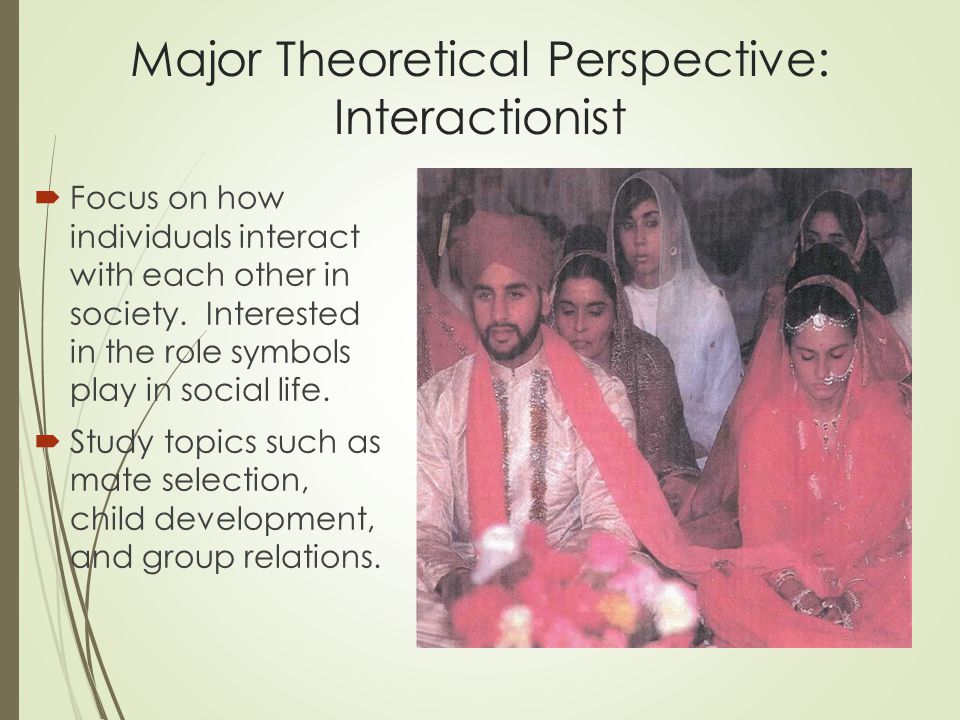 Major Theoretical Perspective: Interactionist  Focus on how individuals interact with each other in society.