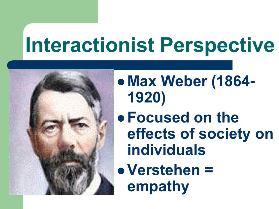 Interactionist Perspective Max Weber ( ) Focused on the effects of society on individuals Verstehen = empathy