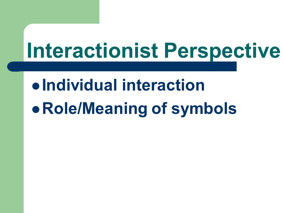 Interactionist Perspective Individual interaction Role/Meaning of symbols