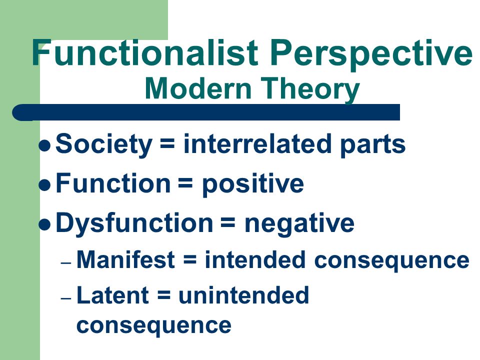 Functionalist Perspective Modern Theory Society = interrelated parts Function = positive Dysfunction = negative – Manifest = intended consequence – Latent = unintended consequence