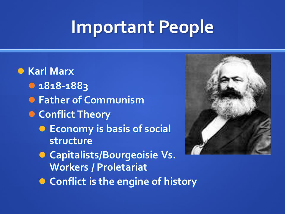 Important People Karl Marx Karl Marx Father of Communism Father of Communism Conflict Theory Conflict Theory Economy is basis of social structure Economy is basis of social structure Capitalists/Bourgeoisie Vs.