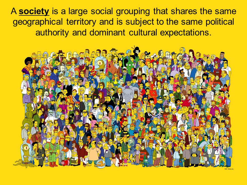 A society is a large social grouping that shares the same geographical territory and is subject to the same political authority and dominant cultural expectations.