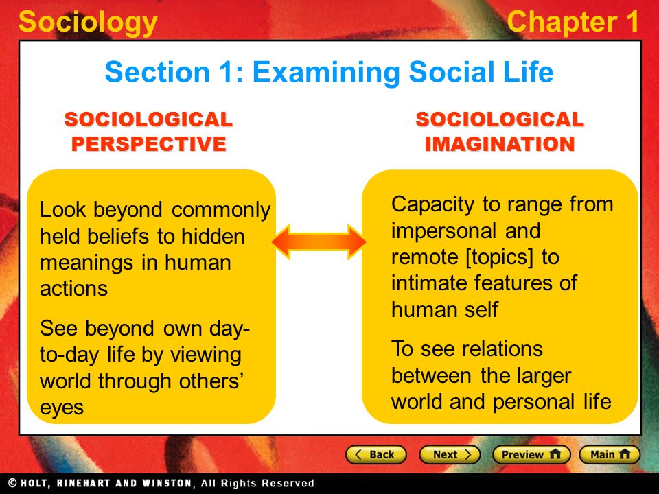 SociologyChapter 1 SOCIOLOGICAL IMAGINATION Section 1: Examining Social Life SOCIOLOGICAL PERSPECTIVE Look beyond commonly held beliefs to hidden meanings in human actions See beyond own day- to-day life by viewing world through others’ eyes Capacity to range from impersonal and remote [topics] to intimate features of human self To see relations between the larger world and personal life