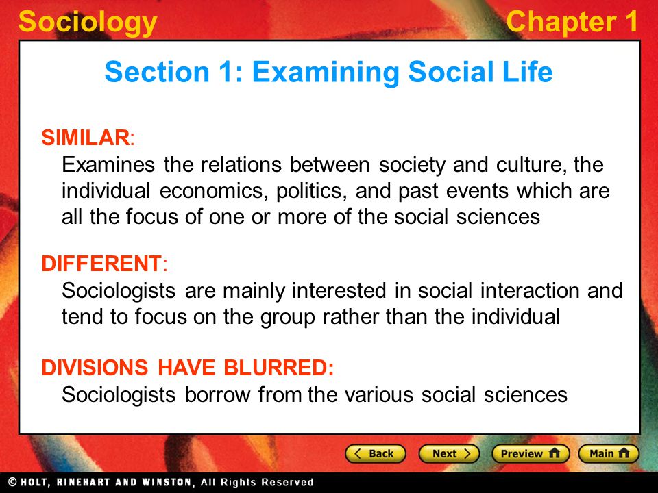 SociologyChapter 1 SIMILAR: Examines the relations between society and culture, the individual economics, politics, and past events which are all the focus of one or more of the social sciences Section 1: Examining Social Life DIFFERENT: Sociologists are mainly interested in social interaction and tend to focus on the group rather than the individual DIVISIONS HAVE BLURRED: Sociologists borrow from the various social sciences