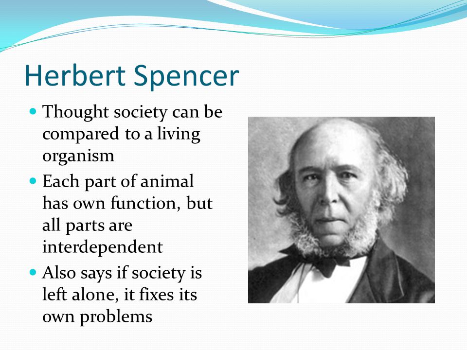 Herbert Spencer Thought society can be compared to a living organism Each part of animal has own function, but all parts are interdependent Also says if society is left alone, it fixes its own problems
