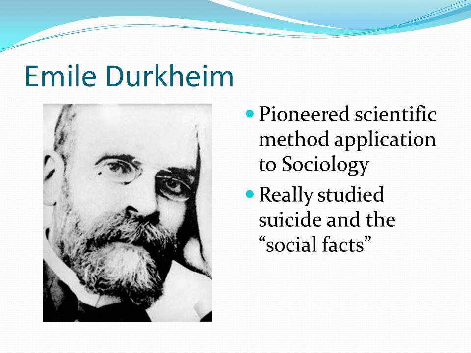 Emile Durkheim Pioneered scientific method application to Sociology Really studied suicide and the social facts