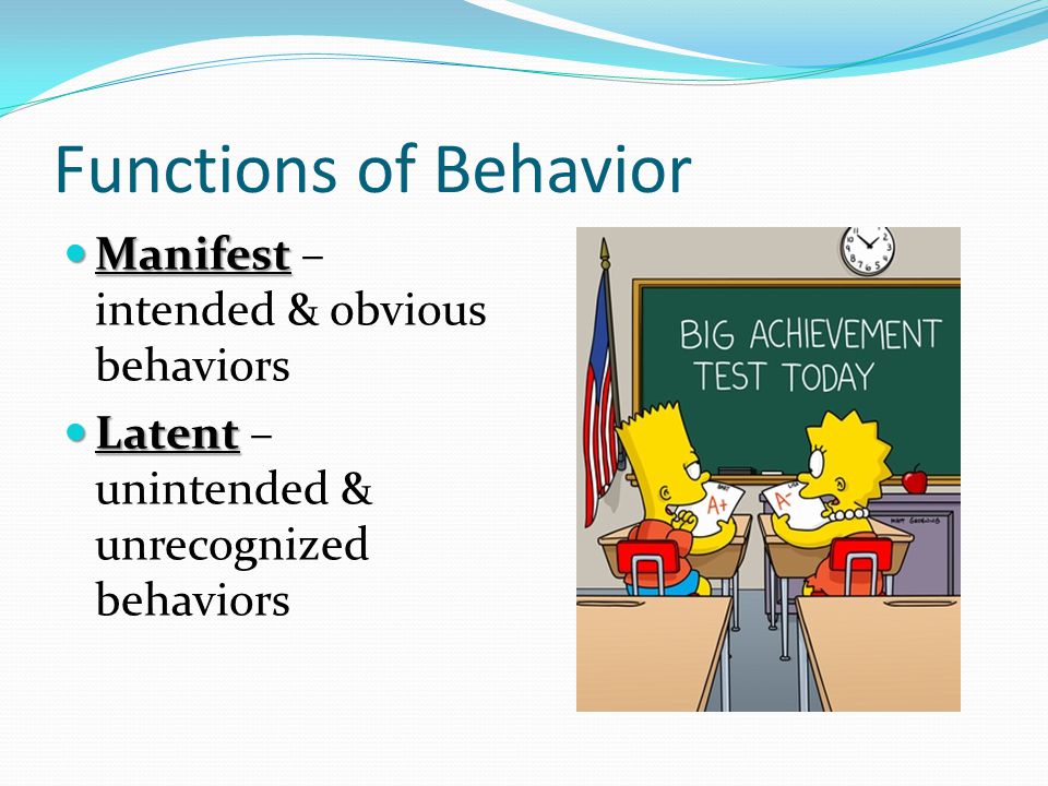 Functions of Behavior Manifest Manifest – intended & obvious behaviors Latent Latent – unintended & unrecognized behaviors