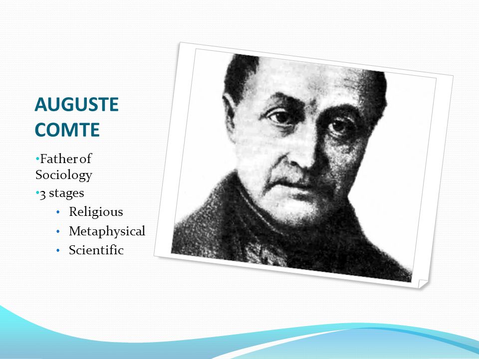 AUGUSTE COMTE Father of Sociology 3 stages Religious Metaphysical Scientific