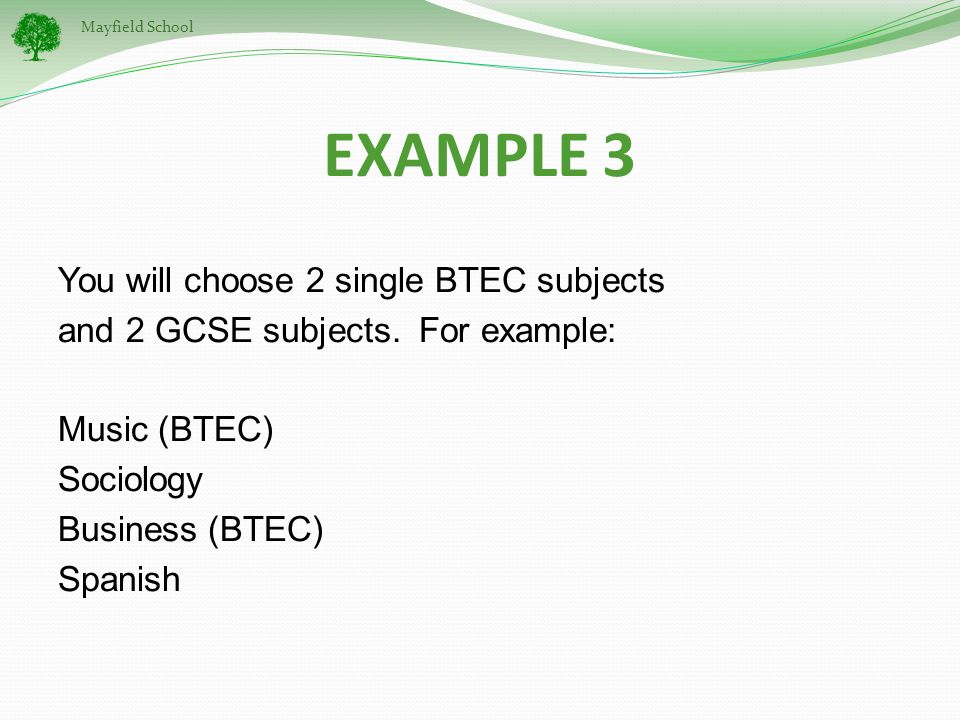 Mayfield School EXAMPLE 3 You will choose 2 single BTEC subjects and 2 GCSE subjects.