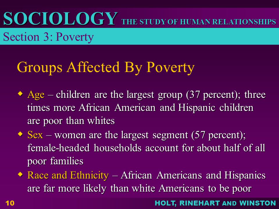 THE STUDY OF HUMAN RELATIONSHIPS SOCIOLOGY HOLT, RINEHART AND WINSTON 10 Groups Affected By Poverty  Age – children are the largest group (37 percent); three times more African American and Hispanic children are poor than whites  Sex – women are the largest segment (57 percent); female-headed households account for about half of all poor families  Race and Ethnicity – African Americans and Hispanics are far more likely than white Americans to be poor Section 3: Poverty