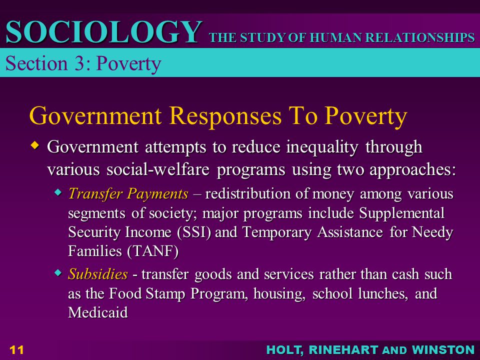 THE STUDY OF HUMAN RELATIONSHIPS SOCIOLOGY HOLT, RINEHART AND WINSTON 11 Government Responses To Poverty  Government attempts to reduce inequality through various social-welfare programs using two approaches:  Transfer Payments – redistribution of money among various segments of society; major programs include Supplemental Security Income (SSI) and Temporary Assistance for Needy Families (TANF)  Subsidies - transfer goods and services rather than cash such as the Food Stamp Program, housing, school lunches, and Medicaid Section 3: Poverty