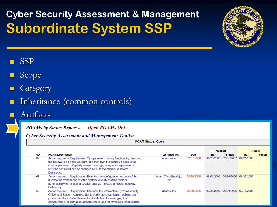 SSP SSP Scope Scope Category Category Inheritance (common controls) Inheritance (common controls) Artifacts Artifacts POA&Ms POA&Ms Cyber Security Assessment & Management Subordinate System SSP