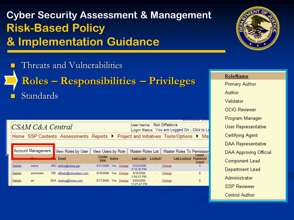 Threats and Vulnerabilities Threats and Vulnerabilities Roles – Responsibilities – Privileges Roles – Responsibilities – Privileges Standards Standards Cyber Security Assessment & Management Risk-Based Policy & Implementation Guidance