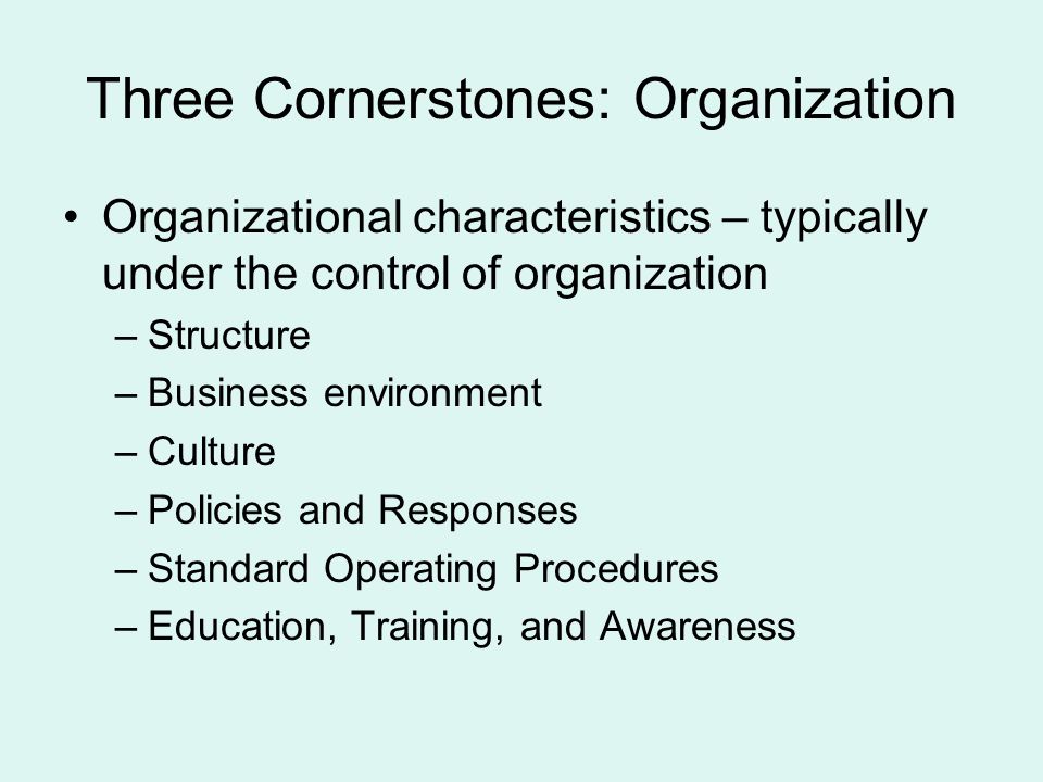 Three Cornerstones: Organization Organizational characteristics – typically under the control of organization –Structure –Business environment –Culture –Policies and Responses –Standard Operating Procedures –Education, Training, and Awareness