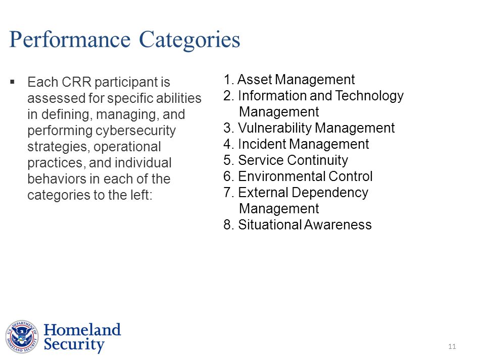 Performance Categories  Each CRR participant is assessed for specific abilities in defining, managing, and performing cybersecurity strategies, operational practices, and individual behaviors in each of the categories to the left: 11 1.