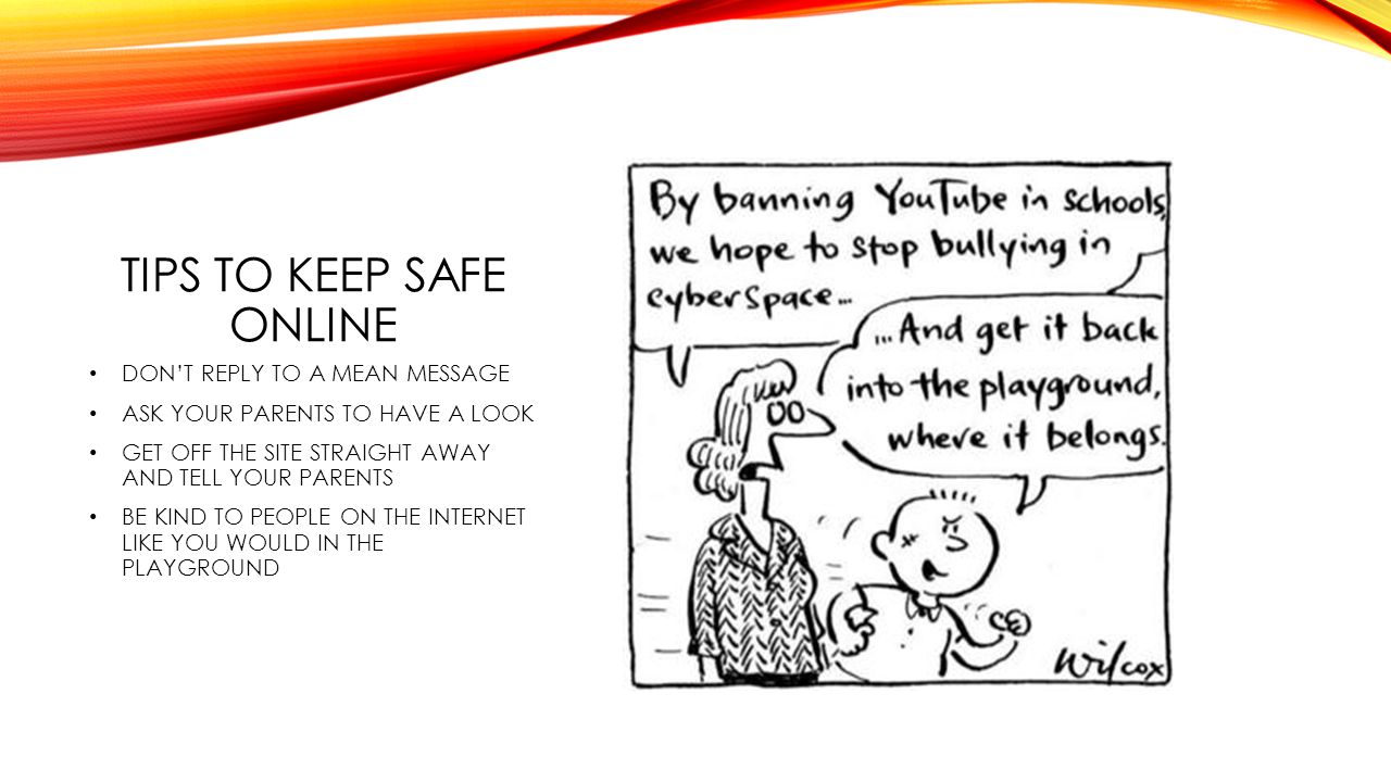 TIPS TO KEEP SAFE ONLINE DON’T REPLY TO A MEAN MESSAGE ASK YOUR PARENTS TO HAVE A LOOK GET OFF THE SITE STRAIGHT AWAY AND TELL YOUR PARENTS BE KIND TO PEOPLE ON THE INTERNET LIKE YOU WOULD IN THE PLAYGROUND