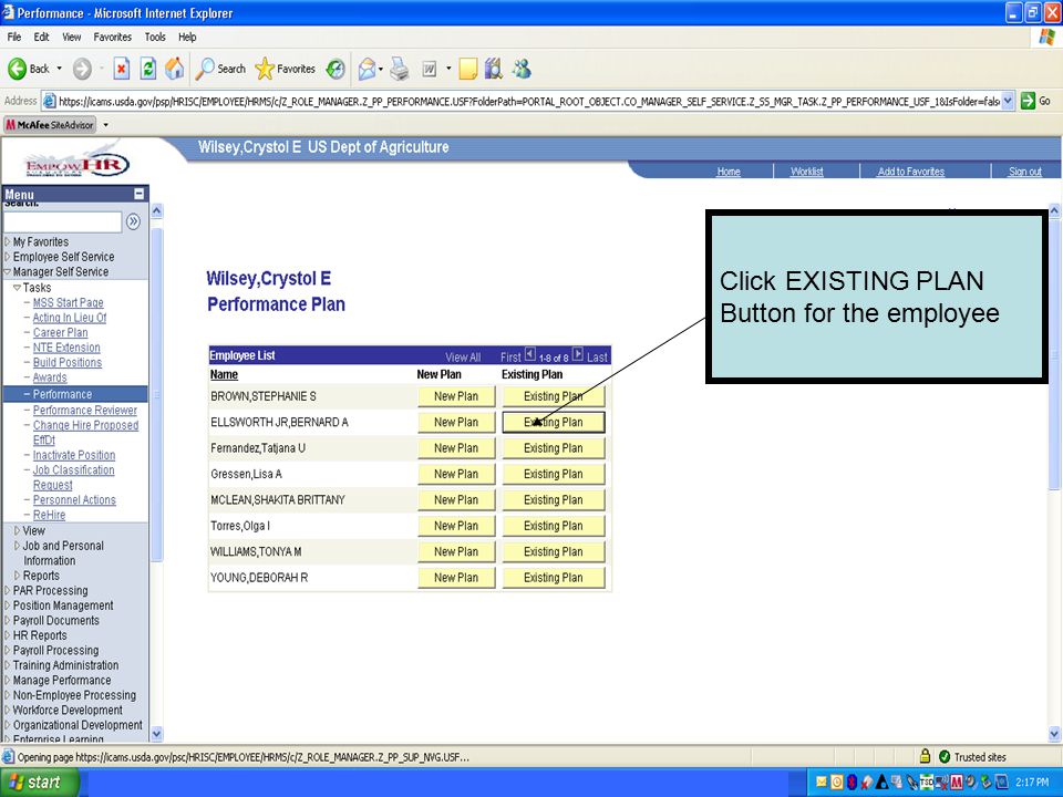 Click EXISTING PLAN Button for the employee